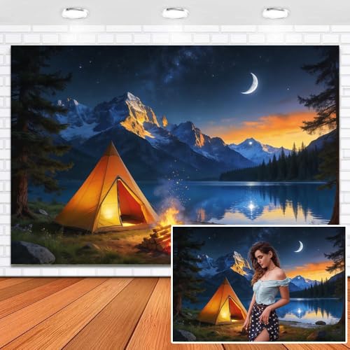 Camping Backdrop 6x4ft Vinyl Forest Night Scene Campfire Tent Snow Mountain Lake Moon Background Camping Theme Adventure Party Decorations Photography Props - color: dark lake, size: 6x4ft
