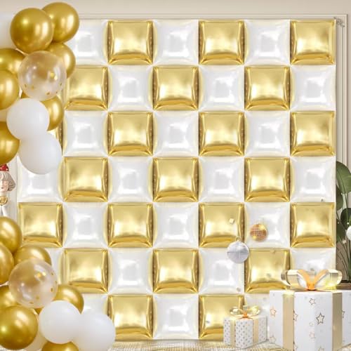 50PCS White and Gold Square Foil Balloon Wall, 19'' Reusable DIY Mylar Double Side Balloons Garland Tunnel Arch Kit for Anniversary Baby Shower Bachelorette Birthday Engagement Bridal Decor - color: White & Gold
