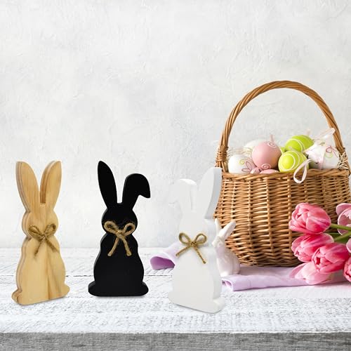 Easter Wooden Bunny Decor Set of 3 Rustic Farmhouse Spring Rabbit Table Decorations Wood Block Figurines Tiered Tray Shelf Mantel Display