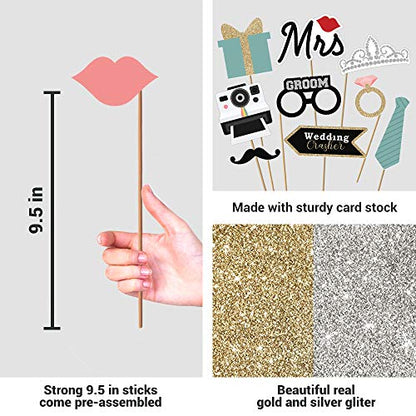 Fully Assembled Wedding Photo Booth Props - Set of 40 - Gold, Pink, Teal, & Silver Selfie Signs - Wedding Party Supplies & Decorations - Cute Designs with Real Glitter - Did We Mention No DIY - size: 40 Pieces