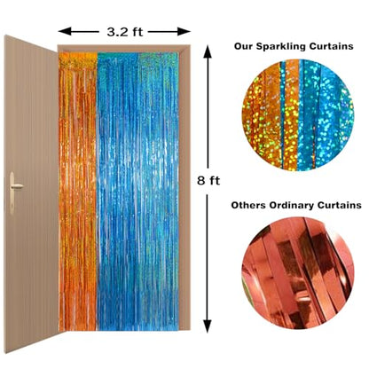 Melsan Heavy Duty Tinsel Fringe Curtain, 3 Pack 3.2 x 8.2 ft Extra Long Thicker Blue & Orange Streamers, Includes Adhesive + 3 Extra 3.1 Ft Tapes, Blue Dog Themed Birthday Backdrop & Photo Booth Prop - color: Blue and Orange