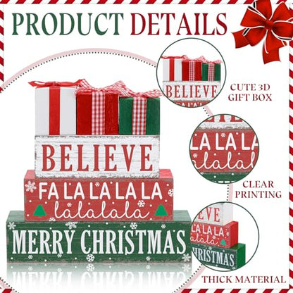Geelin 4 Pieces Merry Christmas Wooden Table Decorations Xmas Wood Gift Boxes Decor Rustic Christmas Tiered Tray Decor Xmas Believe Tabletop Centerpieces for Home Desk Room Kitchen Shelf - style: Gift