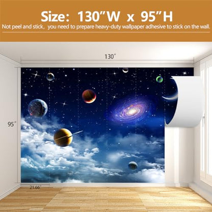 Galaxy Planet Wallpaper Blue Sky Stars Moon Ceiling Wall Mural for Living Room Bedroom（Not Peel and Stick） - color: CYBH-909, size: 130" x 95"