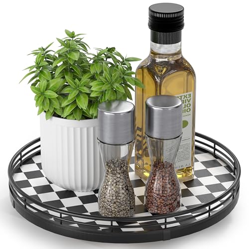 Black and White Kitchen Lazy Susan Turntable – Checkered Round Decorative Tray, 10” Table Top Oak Wood Lazy Susan for Cookies, Dining Table Organizer, Small Kitchen Table Centerpiece - color: Black & White, size: 10 inches
