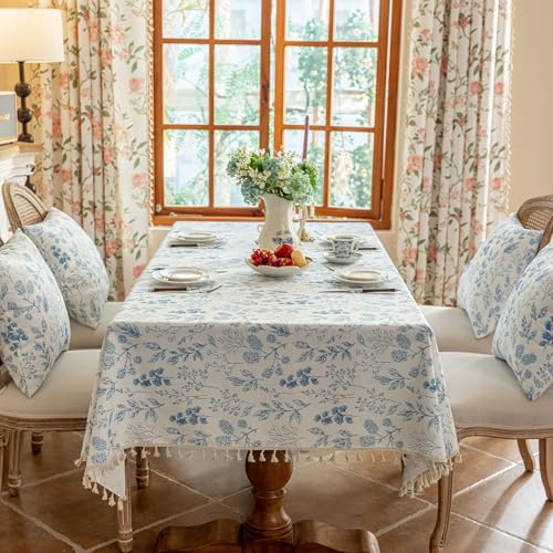 VClife Table Cloth Blue and White Table Cloth Rectangle Tablecloth Rustic Cotton Linen Table Cover for Dining Party, Modern Spring Picnic Floral Tablecloth with Tassel for Rectangle Tables 60"x120" - color: Blue Flowers, size: 120" x 60" (Rectangular)