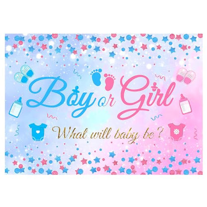 7X5FT Gender Reveal Boy Or Girl Photo Backdrop He Or She What Will Baby Be Blue Pink Footprints Glitter Dots Star Party Decorations Photography Background Polyester - size: 7x5 FT