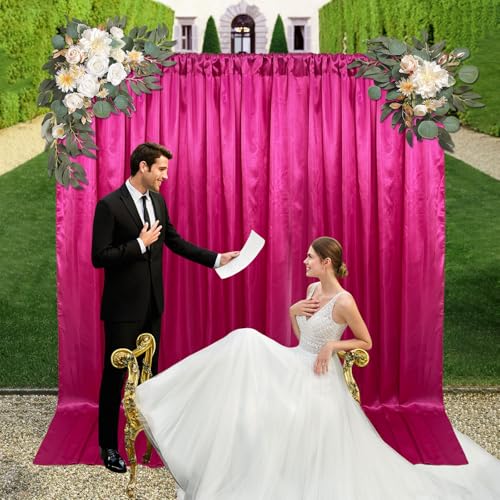 10ft x 10ft Fuchsia Backdrop Curtains for Parties, Fabric Satin Background Curtain with Rod Pockets for Weddings, Birthday, Baby Shower, Photography, Graduation Party Backdrop Drapes, 2 Panels - color: Fuchsia