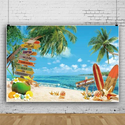 Leowefowa 12x10ft Summer Surfboard Party Photography Backdrop Summer Beach Tropical Tree Blue Sky Seaside Background Hawaiian Beach Party Banner Decor Photo Supplies Prop - size: 12x10ft