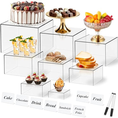 8 Pcs Clear Acrylic Boxes for Display, Acrylic Food Risers & Acrylic Cube Set (3"-8"), with 8 White Display Boards & 2 Markers, Clear Risers for Food, Decor, Party, Retail