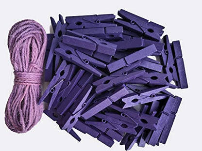 1.9 Inch Purple Wooden Clothes Pins with Strong Craft String for Pictures Papers Peg Photo Display Shirt Clips Pack 50 - color: 50pcs (2 Inch) Purple + Jute Twine