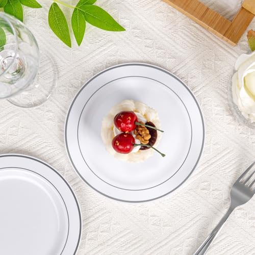 bUCLA 200PCS Silver Plastic Plates - 6.25inch White with Silver Trim Disposable Salad/Dessert/Appetizer/Small Cake Plates - Ideal for Wedding & Party - color: 6.25Inch-200pcs-Silver