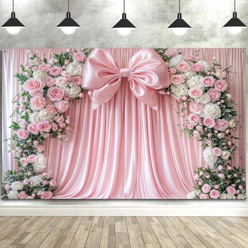 7x5ft Pink Bow Backdrop Floral Coquette Photography Background for Girls Women Birthday Party Decorations Wedding Bridal Backdrops Banner Photo Booth Props - color: Pink Bow, size: 7X5FT