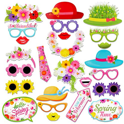 HOWAF 25 Pieces Hello Spring Photo Booth Props, Colorful Spring Flower Party Photo Booth Prop Spring Party Favor for Selfie Props Spring Party Supplies