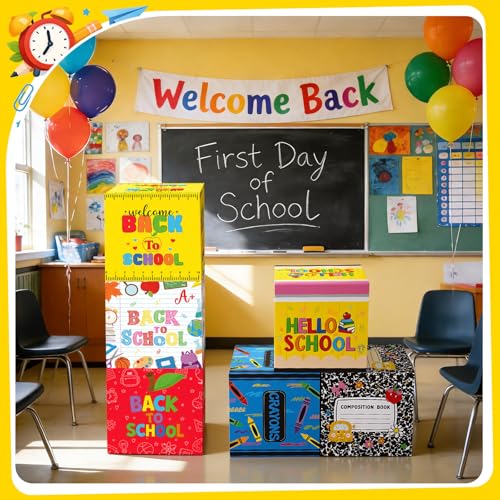 Tenceur 6 Pcs Back to School Decorations Box First Day of School Party Decor 11.8'' Crayon Composition Notebook Paper Boxes for Teacher Classroom Preschool Kindergarten Photo Booth Prop Party Supplies - style: Back to School