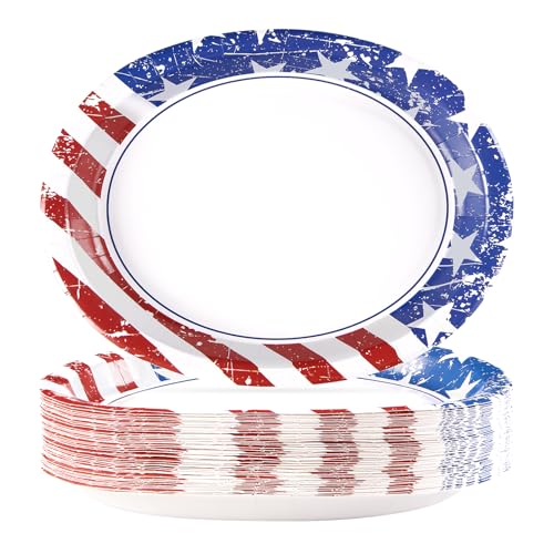 50Pcs Patriotic Oval Paper Plates 10" X 12" Large Heavy Duty 250 Anniversary 4th of July American Flag Plates Red Blue and White Platters for President Election Independence Memorial Day Decorations - style: 50Pcs 4th of July Oval Paper Plates