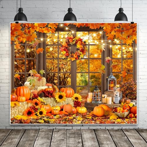 Fall Thanksgiving Backdrop for Photography 10x8ft Autumn Forest Window Pumpkin Haystack Sunflower Photo Backdrop Maple Leaves Path Friendsgiving Party Decor Baby Shower Kids Adult Portrait Photo Props