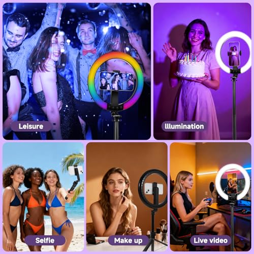 10" Ring Light with Stand 74'' Tall & Phone Holder,RGB Full Color Modes Selfie Light with Extendable Tripod Stand,iPad Holder, Remote for iPhone & Android,YouTube, Makeup,TIKTok, Vlogging