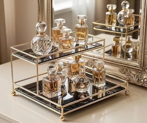 Makeup Organizer Shelf, 2-Tier Cosmetic Storage Basket with Glass Tray, Wire Vanity Organizer Rack for Bathroom, Countertop, Dresser and More, Medium Size