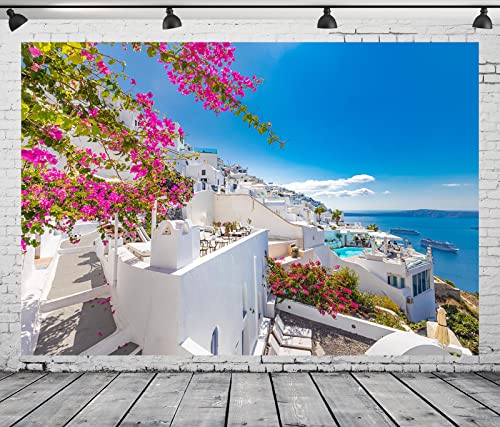 15x8ft Fabric Blue Sea Santorini Island Backdrop Greece White Architecture Oia Luxury Resort Photography Background for Mamma Mia Party Decorations Greek Birthday Party Decor Photo Props - size: 15x8FT