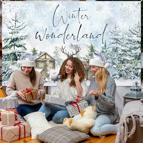 Mocsicka Winter Wonderland Backdrop Banner Woodland Animals Winter Wonderland Baby Shower Birthday Holiday Party Decorations Photo Booth Props (6x3.6ft) - size: 6x3.6ft