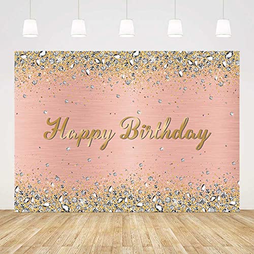 AIBIIN 7x5ft Happy Birthday Backdrop Rose Gold Pink Golden Dots Crystal Diamond Photography Background Girl Birthday Party Decorations Banner Cake Table Photo Booth Props - color: Rose Gold, size: 7X5ft