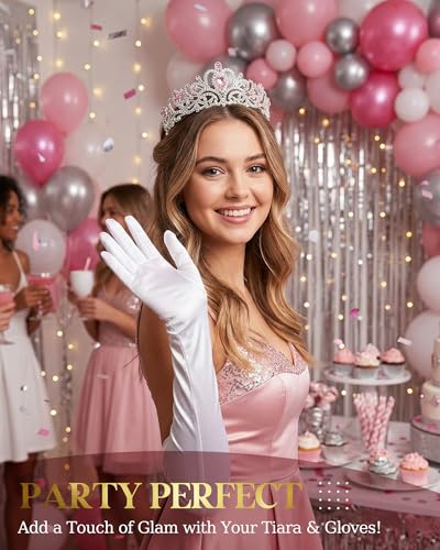 Princess Tiara Crown with Satin Gloves Set Crystal Headpiece for Graduation Prom and Party Photo Props - color: Silver Pink Diamond, style: A