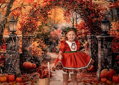 Kate Autumn Stone Arch Backdrops Pumpkin Photo Backdrop Fall Leaves Scenery Photography Backdrops for Seasonal Party Photo Studio Props, 10x6.5ft - size: 10x6.5ft