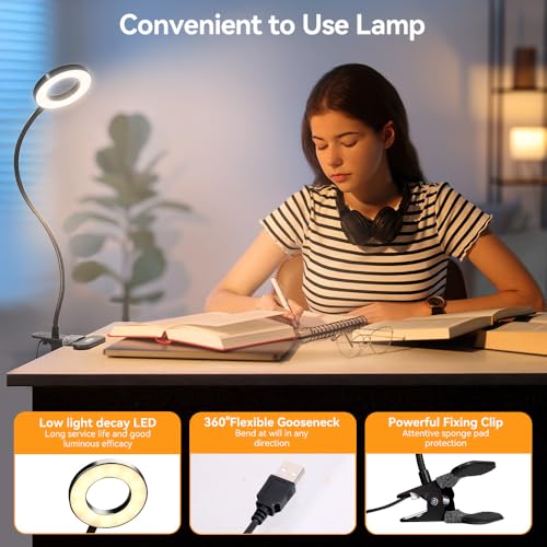 Skymore Desk Clip on Light, [3 Color Modes & 10 Brightness] LED Reading Light with Clamp, Flexible Gooseneck Book Light for Kids Reading Book in Bed, Headboard-Black - color: Black