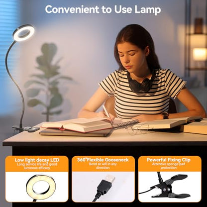 Skymore Desk Clip on Light, [3 Color Modes & 10 Brightness] LED Reading Light with Clamp, Flexible Gooseneck Book Light for Kids Reading Book in Bed, Headboard-Black - color: Black