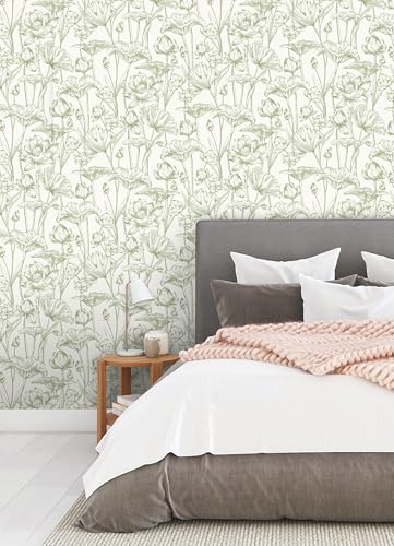 Vinjiasin Peel and Stick Wallpaper Green Floral Contact Paper Boho Modern Lotus Wall Paper for Bedroom Bathroom Living Room Self Adhesive Removable Flower Leaf 17.3"x 78.7" - color: Green, size: 17.3" x 78.7"