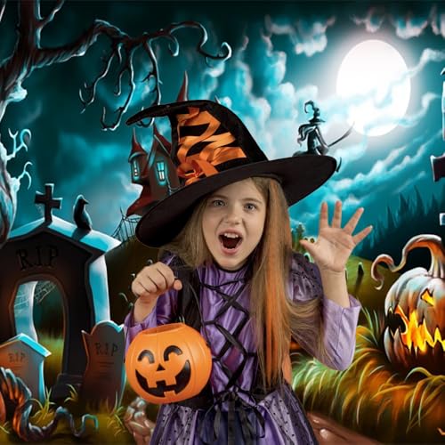 10x8ft Halloween Backdrop Pumpkins Lamp Photography Background Witch Wizard Sorcerer Theme Backdrop Castle Moon Scary Graveyard Halloween Celebration Decor Photo Studio Props - color: Black 00671