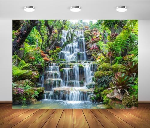 BELECO 9x6ft Fabric Garden Waterfall Backdrop Mountain Rocks Flowing Water Lake River Green Forest Trees Nature Background Home Wall Decor Photo Booth Shoot Studio Props - size: 9x6FT