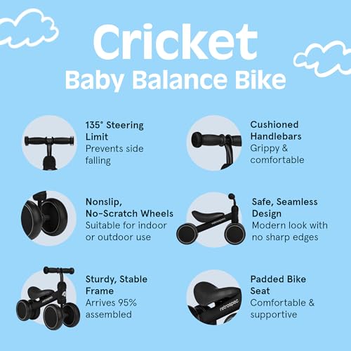 Retrospec Cricket Baby Balance Bike, 4-Wheel Ride-On Toy for Ages 12-24 Months – First Bike & Toddler Bike for 1 Year Old Boys & Girls, First Birthday Gift - color: Black