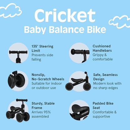 Retrospec Cricket Baby Balance Bike, 4-Wheel Ride-On Toy for Ages 12-24 Months – First Bike & Toddler Bike for 1 Year Old Boys & Girls, First Birthday Gift - color: Black