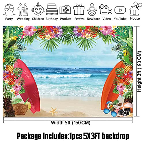 HQM Summer Tropical Beach Theme Photo Background 5X3FT Fabric Beach Conch Hawaii Blue Sea Flower Children Birthday Luau Party Photography Backdrop Kids Baby Shower Cake Table Decor Studio Shoot Props - size: 5x3 FT