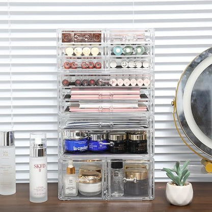 Cq acrylic 4 Pack Clear Acrylic Drawer Organizer Countertop,Stackable 13 Drawers Makeup Storage, Cube Make up Organizer for dresser Hair Clip,Beauty Product Desk and Bathroom Organizers and Storage - size: Large 13 Drawers