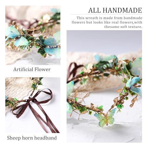 MOSTORY Handmade Fairy Butterfly Crown - Elf Flower Hadpiece Elven Headband for Women s Spring Wedding Maternity Shoot - color: Green-gold