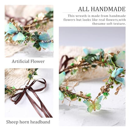MOSTORY Handmade Fairy Butterfly Crown - Elf Flower Hadpiece Elven Headband for Women s Spring Wedding Maternity Shoot - color: Green-gold