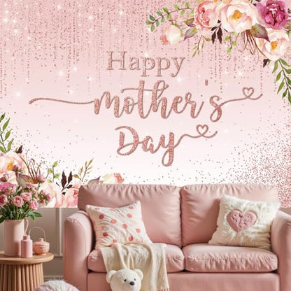 Mocsicka Mothers Day Backdrop Banner 7x5ft Pink Floral Happy Mothers Day Backdrop Decorations Thanks Mother's Day Photo Background Banner Party Decorations - size: 7x5ft