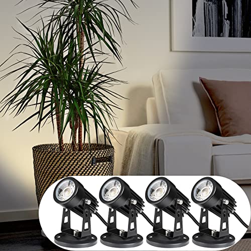 SUNVIE 4 Pack LED Spotlight Indoor for Plants Up Lights 120V Floor Spot lights Warm White Accent Lights for Indoor Statue Decor Uplighting, 5.9 FT Cord with Floor Foot Switch (Base and Stake Included) - color: Black, size: 4 Pack
