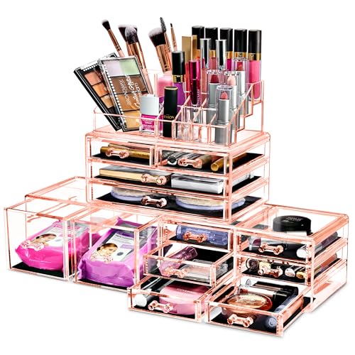 Sorbus Large Makeup Organizer - Clear Stackable Jewelry & Makeup Organizer For Vanity, Bathroom Storage, Dresser - 12 Drawers Cosmetic Beauty Organizers and Storage with Lipstick, Makeup Brush Holder - color: Pink