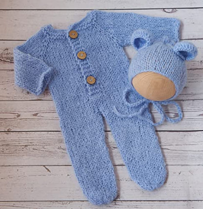 Newborn Photography Props Boys Girls Outfits Mohair Bear Hat Bonnet & Footed Romper Bodysuit Photoshoot Costume Set - color: Light Blue