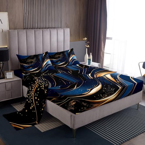 Feelyou Geometric Bed Sheets Set Queen Size Modern Art Bedding Set for Kids Boys Girls Modern Marble Aesthetic Sheets with Deep Pocket Fitted Sheet Abstract Marble Texture Printed Bedding Set - color: Dark Blue, size: Queen