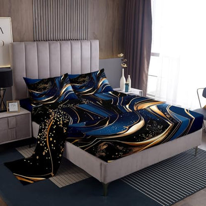 Feelyou Geometric Bed Sheets Set Twin Size Modern Art Bedding Set for Kids Boys Girls Modern Marble Aesthetic Sheets with Deep Pocket Fitted Sheet Abstract Marble Texture Printed Bedding Set - color: Dark Blue, size: Twin