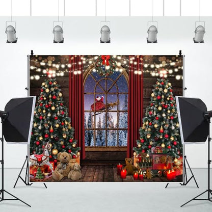 Winter Christmas Backdrop Night Xmas Tree Wood Window Santa Claus Reindeer Sleigh Retro Background Holiday Party Banner Photobooth Kid Family Portrait Wall Photoshoot Studio Props 8 * 6ft - color: Red purple, size: 8x6ft