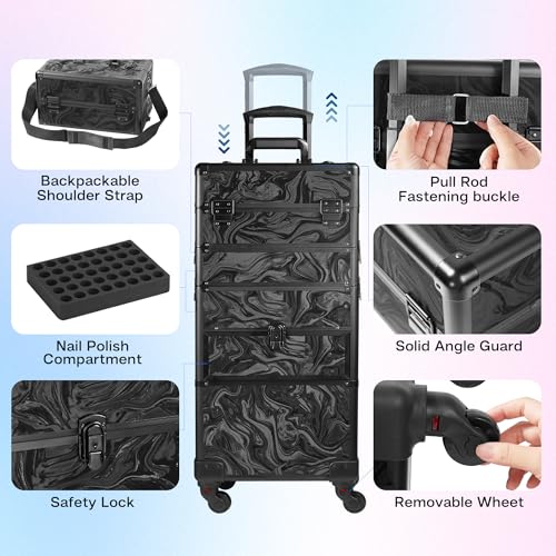 Somduy Rolling Makeup Case with Drawer, Makeup Train Case, 4 in 1Cosmetology Case on Wheels, Christmas Gift, Large Makeup Organizers, Profesional Cosmetic Case for Salon Barber, Pattern Black - color: Pattern Black