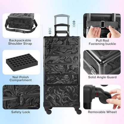 Somduy Rolling Makeup Case with Drawer, Makeup Train Case, 4 in 1Cosmetology Case on Wheels, Christmas Gift, Large Makeup Organizers, Profesional Cosmetic Case for Salon Barber, Pattern Black - color: Pattern Black