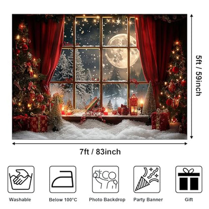Avezano 7x5 ft Christmas Photo Backdrop Window Full Moon Night Background Red Curtain Christmas Eve Holiday Portrait Backdrop Photo Studio Props - size: 7x5ft