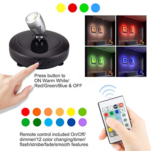 BIGMONAT Wireless Accent Spotlight Indoor for Pictures Light on Walls Battery Operation,Mini LED Spotlight with Remote for Art Paintings 12 Color Changing,Dart Board Light with Rotate Head 2Pack - color: Black+Silver 2 Pack, size: Battery Powered
