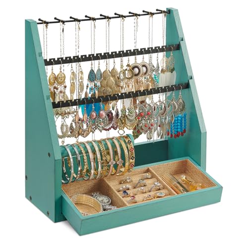 DGWJSU Jewelry Organizer Stand, 5 Layer Earring Holder Organizer with Necklace Holder, Rustic Wood Earring Organizer Display for Stud Earring Bracelet Necklace Ring, Watches - color: Teal